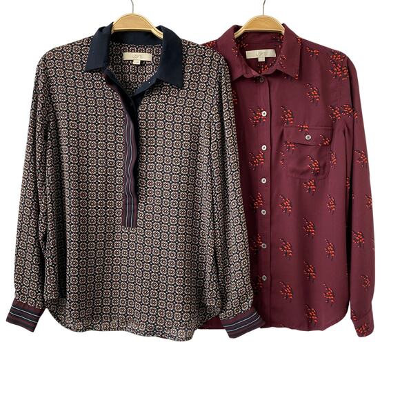 Ann Taylor LOFT Floral Button Up Shirts Women S Lot of 2 Navy Wine Career Preppy - Picture 1 of 9